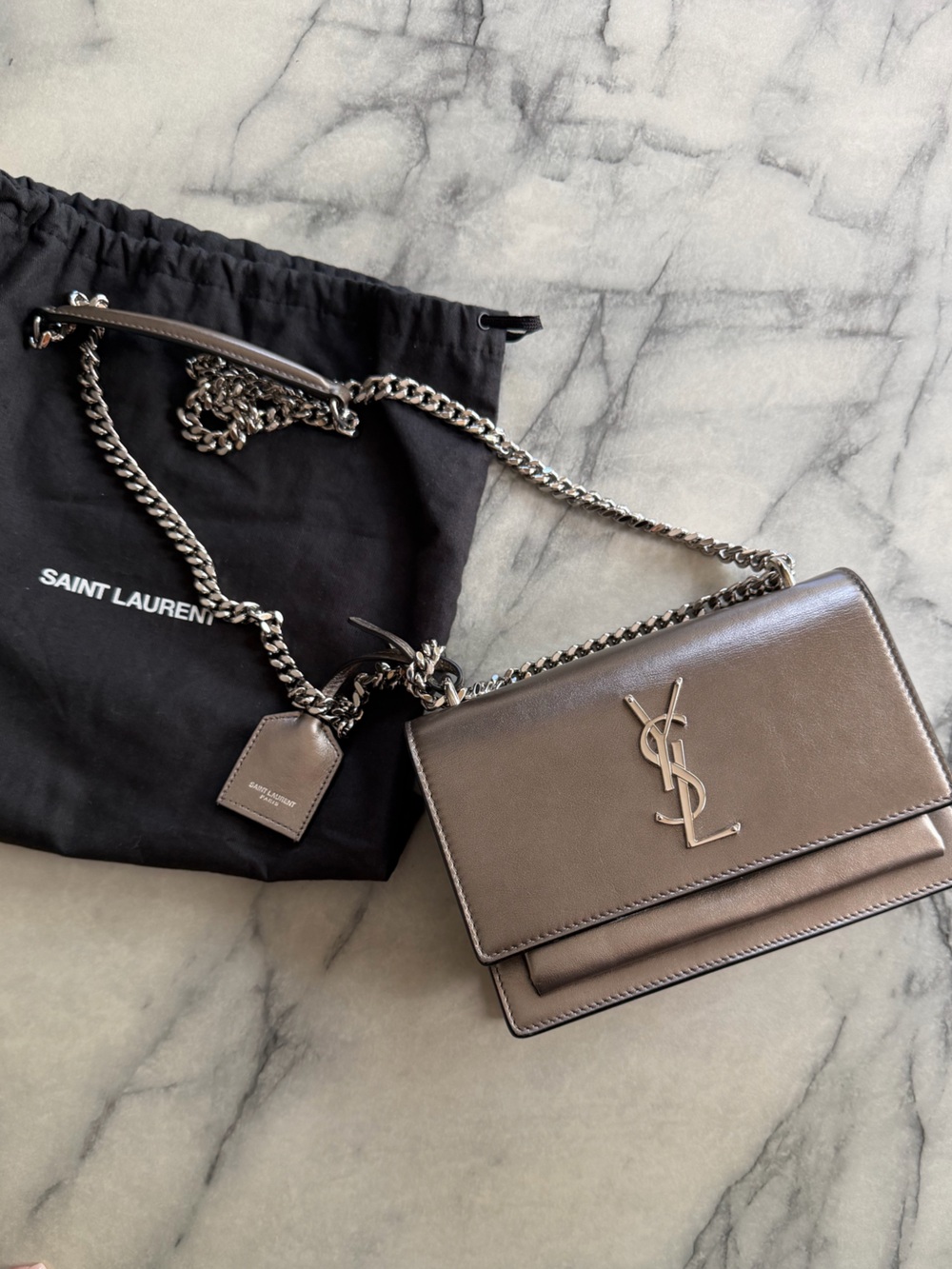 Saint Laurent Metallic Taupe Leather Chain Crossbody